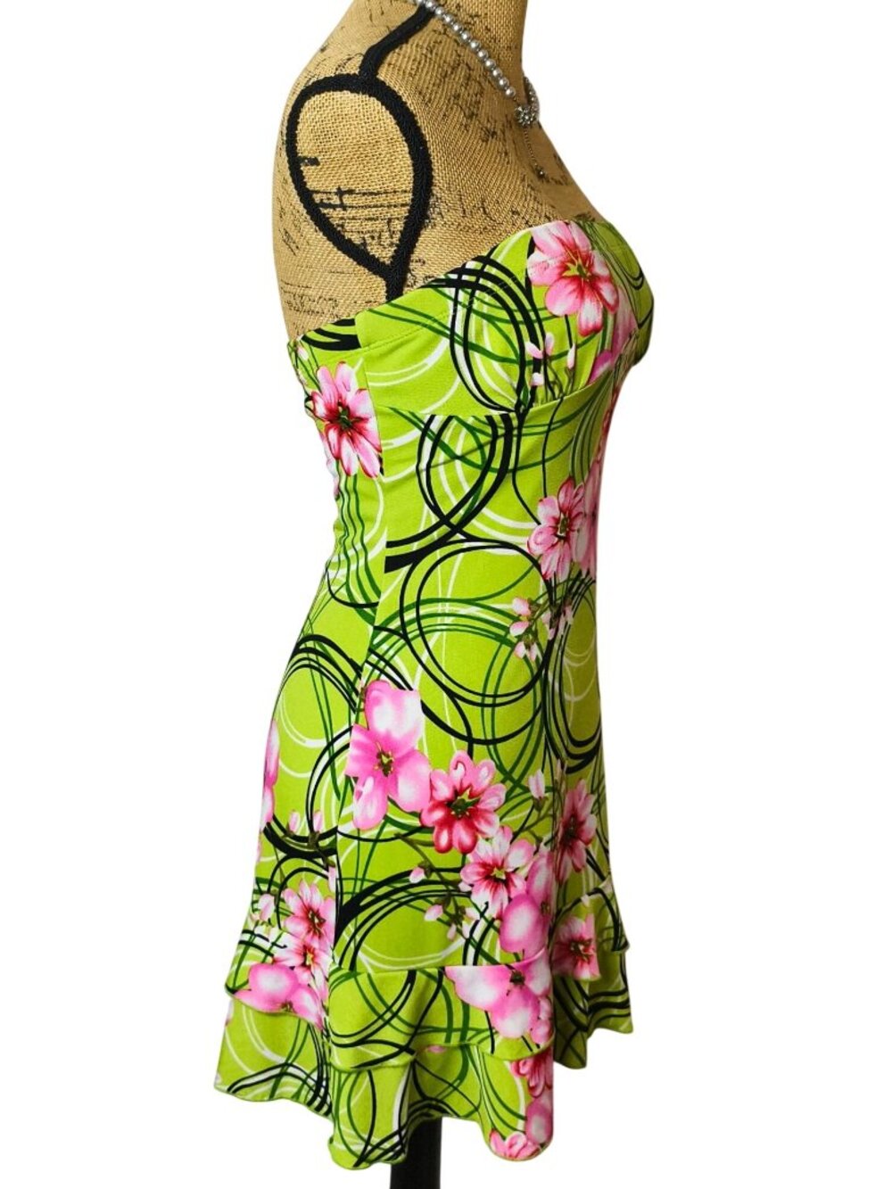 Vtg Rhapsody S Strapless Mini Dress Y2K Floral Ruffled Green Pink Festive Coquet - Picture 4 of 6